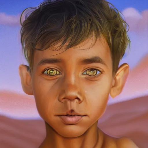 Image similar to a detailed portrait of a tan boy with a small face tattoo in the desert, fantasy art illustration, incredibly highly detailed and realistic, 8 k, sharp focus