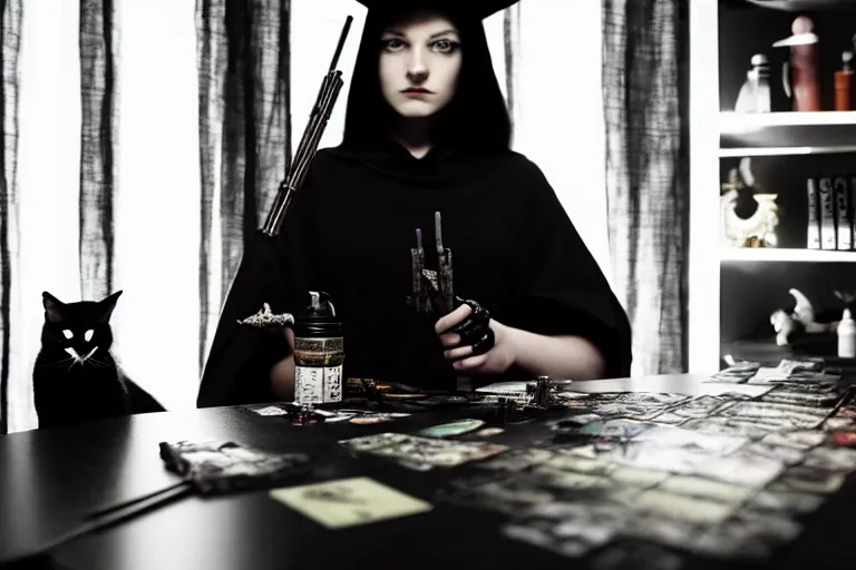 Image similar to close up photo, dramatic lighting, concentration, calm confident cyberpunk teen witch and her cat, tarot cards displayed on the table in front of her, sage smoke, magic wand, a witch hat and cape, apothecary shelves in the background, by yoji shinkawa, black and white