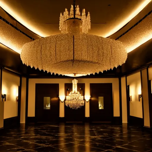 Prompt: empty dark spooky hotel lobby, chandelier, 8K, realistic, liminal space, creepy, low light