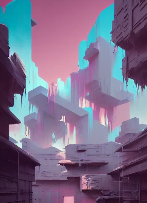 Image similar to matte painting extreme offset 3 d calligraphy graffiti mural dripping paint wall extreme maximalism by atey ghailan, by greg rutkowski, by greg tocchini, by james gilliard, by joe fenton, pink, brown, black and light blue color scheme, octane render