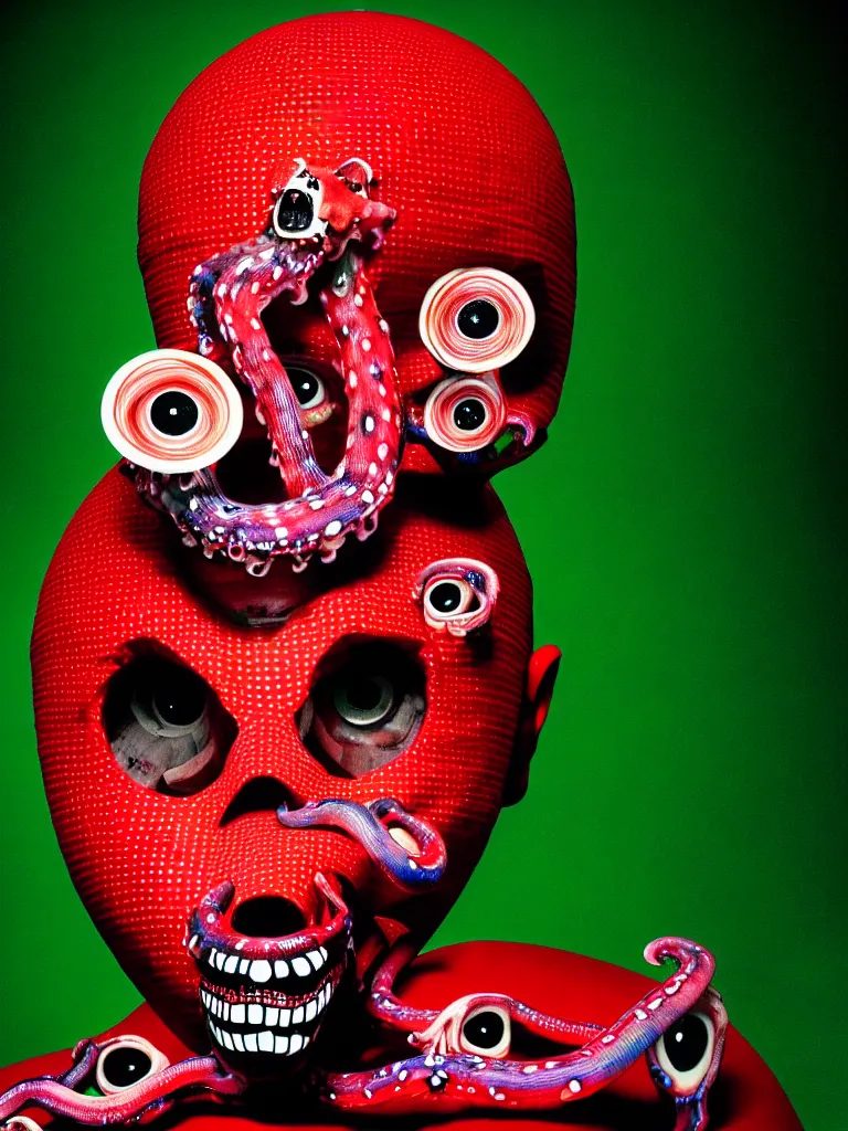 Image similar to a self portrait photograph by the artist kelbv, in distinct hyper detailed style with tubes coming from eyes, and hollowed skull filled with red and green gingham ellipsoids, perfect studio lighting against a backdrop of a still from the movie squid asthma.