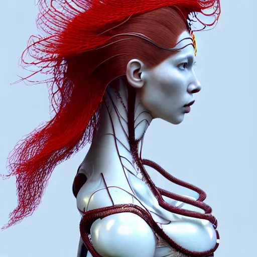 Prompt: complex 3d render ultra detailed of a gorgeous porcelain profile woman with long flowing red hair, biomechanical cyborg, analog, 150 mm lens, beautiful natural soft rim light, big leaves and stems, roots, fine foliage lace, silver white red details, massai warrior, Alexander Mcqueen high fashion haute couture, pearl earring, art nouveau fashion embroidered, steampunk, intricate details, mesh wire, mandelbrot fractal, anatomical, facial muscles, cable wires, microchip, elegant, hyper realistic, ultra detailed, octane render, H.R. Giger style, volumetric lighting, 8k post-production