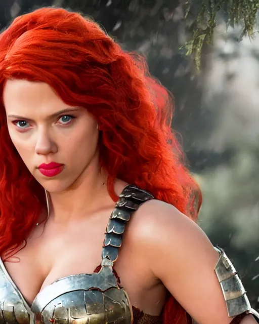 Image similar to scarlett johansson portraying a beautiful red sonja, beautiful scarlett johansson red sonja, movie, hyper realistic, hollywood promotional image, imax, 8 k