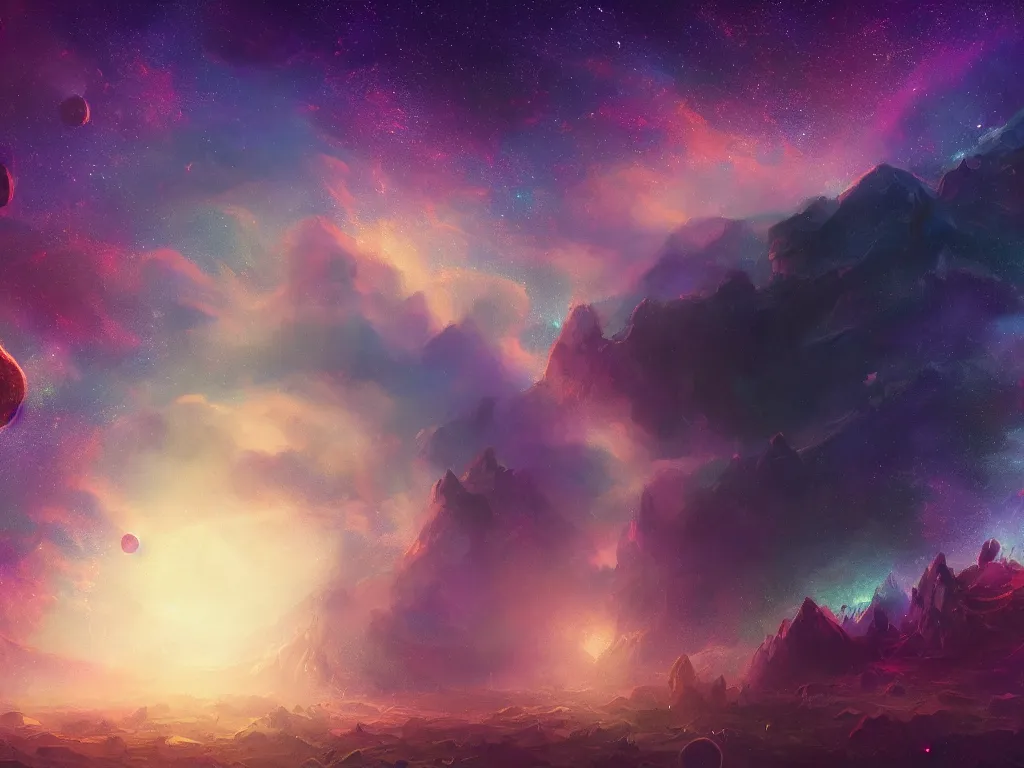 Image similar to A realm of a vast galaxy, five planets, intricate, elegant, fantasy, highly detailed, digital painting, concept art, sharp focus, illustration, beautiful volumetric lighting, deep dark, artstation, magic hour lighting, colorful, springtime, by Elizabeth Miloecute