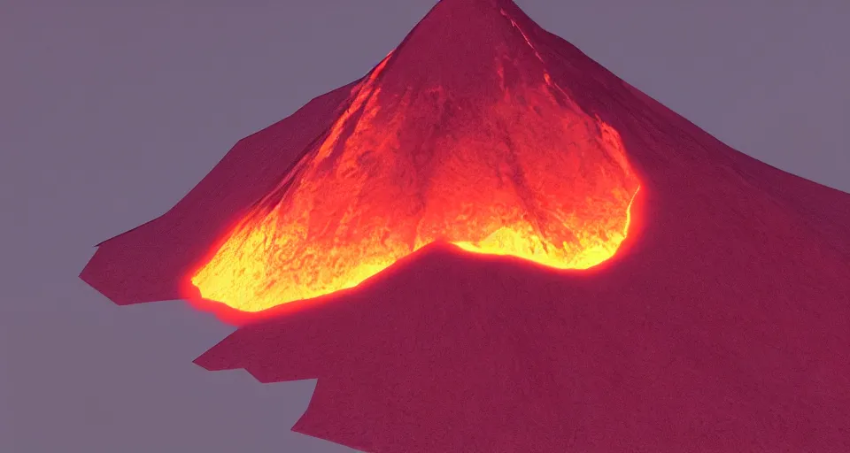 Prompt: low poly unity render of a volcano with glowing orange lava rolling down the side of it, low lighting