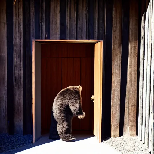 Image similar to dark photograph of a small bear mascot walking through a large wooden doorway