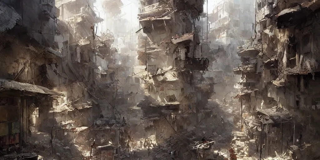 Image similar to beautiful syrian slums, concept art, for modern warfare, painted by greg rutkowski, highly detailed,