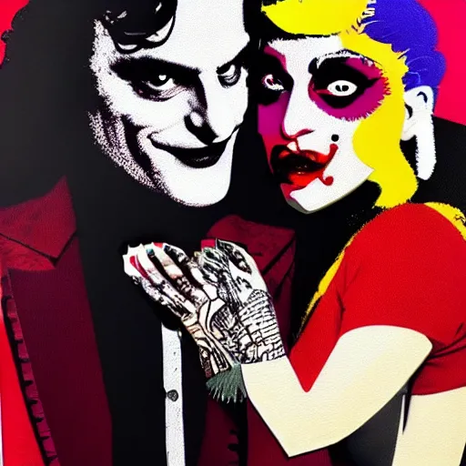 Prompt: mimmo rottela and banksy as joaquin phoenix skinny joker holding hand lady gaga harley queen, ultra photorealistic, intricate details, pop art style, concept art, random object movement, 3 colors, 4 k, smooth, sharp focus