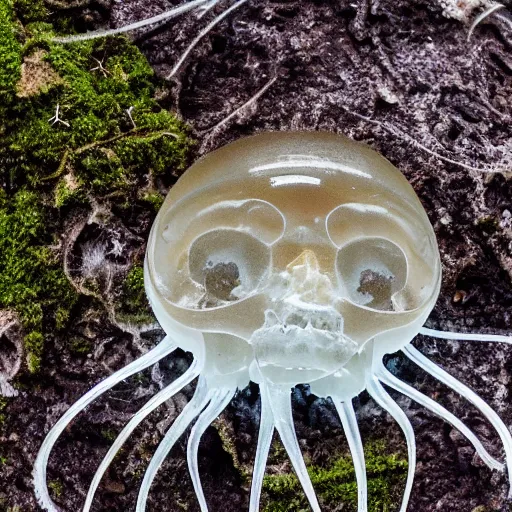 Prompt: mossy human jellyfish skull being reclaimed by nature, macro photography, 1:1 magnification, 15mm f/4