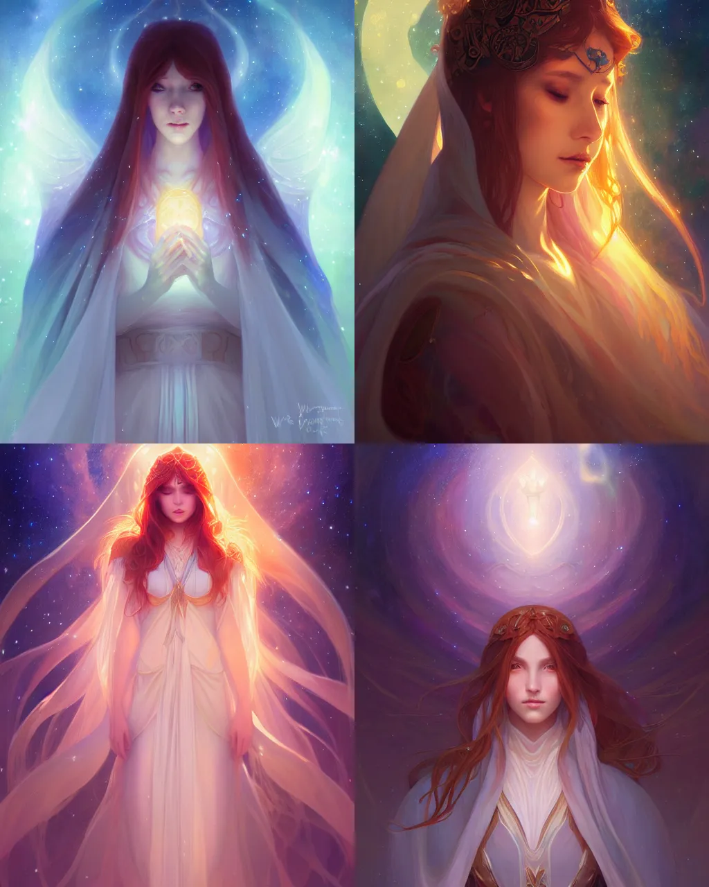 Prompt: Portrait of a celestial auburn princess cloaked in ethereal light and astral stars, by WLOP and artgerm, artstation, alphone mucha, anato finnstark