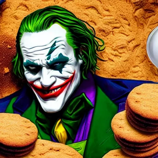 Image similar to cinematic shot of the joker holding a gun and a baking powder biscuit, 8 k, very detailed, very intricate,