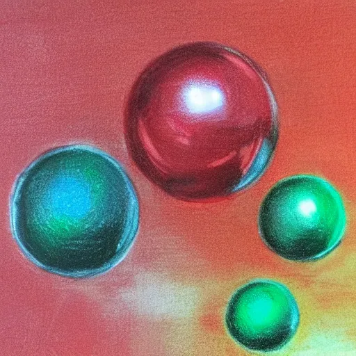 Prompt: chrome spheres on a red cube, drawn with chalk
