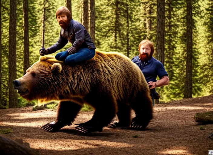 Image similar to photo of chuck norris riding his grizzly bear, in the forest. horror style. highly detailed 8 k. intricate. life - like. soft light. sony a 7 r iv 5 5 mm. award winning photography.