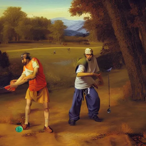 Prompt: a homeless man playing discgolf in the style of a baroque painting