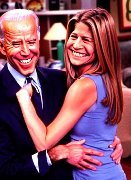 Image similar to film still of joe biden hugging rachel green in the show friends