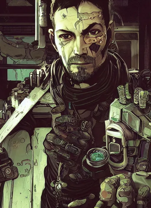 Image similar to cyberpunk chef. portrait by ashley wood and alphonse mucha and laurie greasley and josan gonzalez and james gurney. splinter cell, apex legends, rb 6 s, hl 2, d & d, cyberpunk 2 0 7 7. realistic face. character clothing. vivid color. dystopian setting.