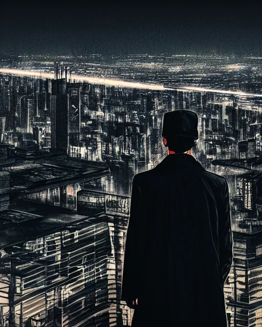 Prompt: a night rooftop scene by Liam Wong, close up shot of a photorealistic gangster wearing a trench coat looking at the city below, dark mood