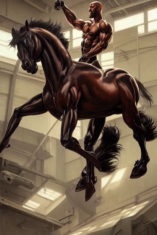 Image similar to splash art of an exaggeratedly muscular anthropomorphic horse at a research facility wearing a power - restricting suit, leather suit, clothing, highly detailed, digital painting, artstation, concept art, sharp smooth focus, illustration, art by artgerm and greg rutkowski and alphonse mucha