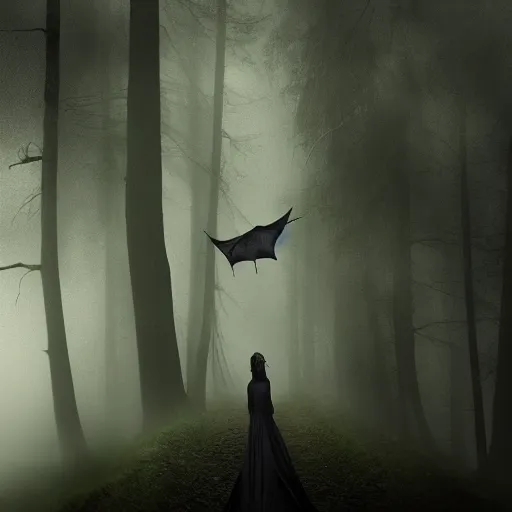 Prompt: a high detailed photo of a lady in a dark cloak suspended in mid air, seen from behind, ancient forest, mist, 35mm, photorealistic, realistic, deviantart, gloomy atmosphere, high definition