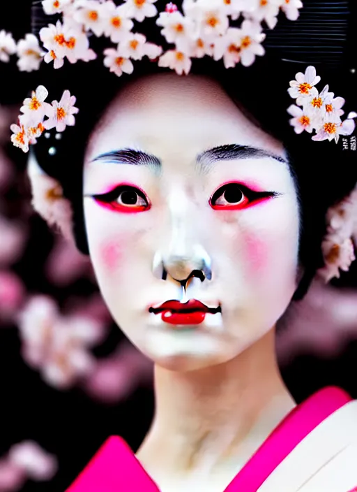 Image similar to Beautiful Japanese geisha close up portrait shot, 1920s geisha, Japanese, young woman, half body photo, upper body, traditional geisha clothing, geisha makeup, geisha hairstyle, hyper realistic, 8k detail, trending, professional photography, cherry blossom background