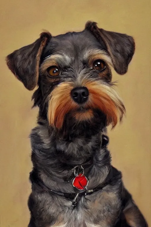 Image similar to tan schnauzer chihuahua mix, big mustache, mangy, painting by jc leyendecker!! phil hale!, angular, brush strokes, painterly, vintage, crisp