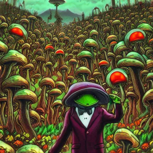 Prompt: A centered chest up portrait of a psychedelic demonic anthropomorphic frog smoking a hand-rolled cigarette smoking heavily , magic mushroom village in background . award winning. superb resolution. in the art style of junji Ito and greg rutkowski . Detailed Mushroom city in background. Hyper realistic anime. Perfect art. Dalle2