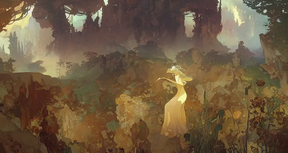 Image similar to A beautiful landscape painting of steampunk landscape by Alfons Maria Mucha and Julie Dillon and Makoto Shinkai