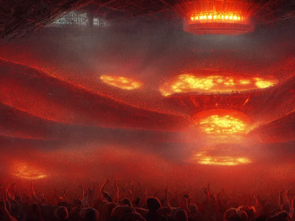 Prompt: a large concert stadium in hell, brightly lit stage centered and on fire, high contrast, stage lighting, pyrotechnics, ghibli animated film, volumetric lighting, octane render by stanley artgerm lau, greg rutkowski, thomas kindkade, alphonse mucha, loish, norman rockwel,