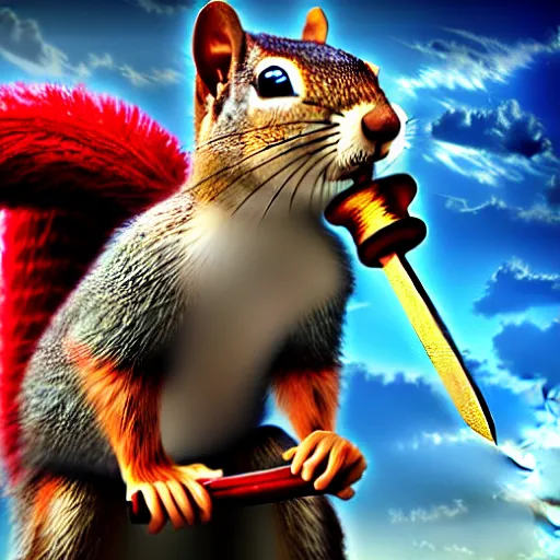 Prompt: the squirrel thor ~ holding his hammer ~ dramatic thunder background ~ fighting scene ~