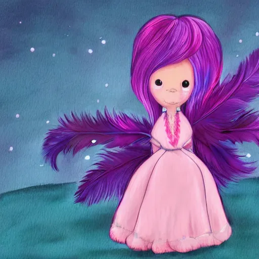 Prompt: little girl with eccentric pink hair wearing a dress made of purple feather, art by dcwj