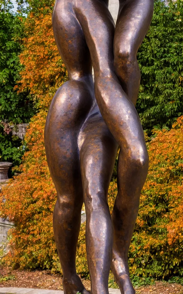 Image similar to detailed photo of old bronze patina statue of seductive curvy girl, super highly detailed, full body view, various poses, au blurry distant background with garden of ancient castel, photorealism, intricate detail, museum diffuse lighting, autumn sunlights