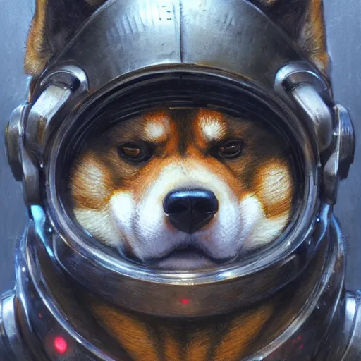 Image similar to the doomslayer as anthropomorphic shiba inu a realistic scifi cyberpunk knight, closeup portrait art by donato giancola and greg rutkowski, vintage retro scifi, realistic face, digital art, trending on artstation, symmetry