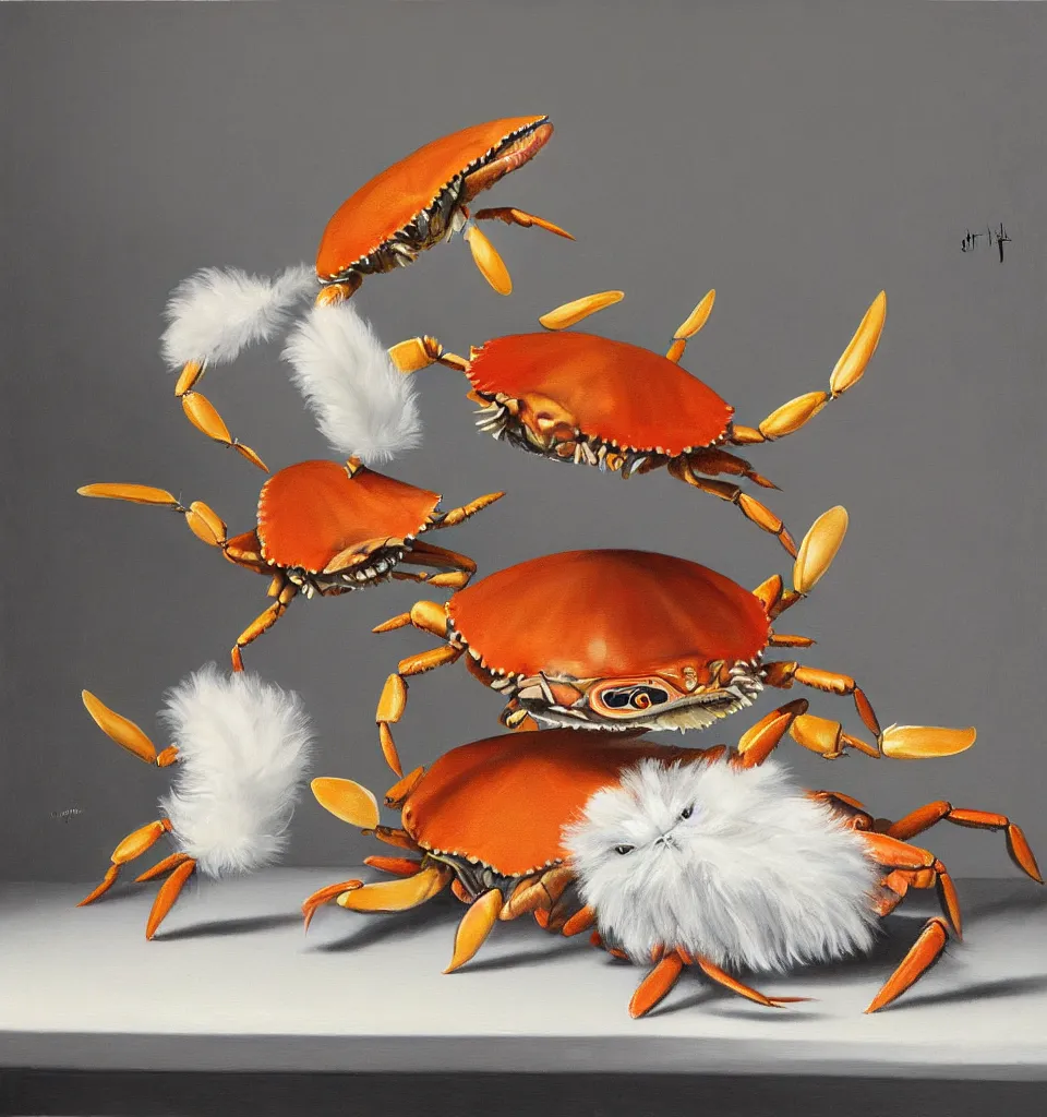 Prompt: still life painting of a crab fish dancing with a laughing duck rabbit on a white table, high contrast lighting, impressionism, real fur, real feather