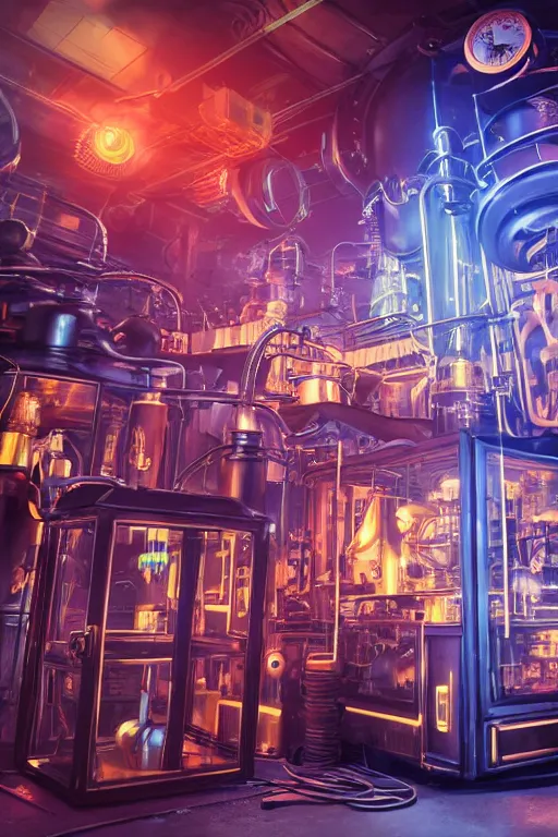 Prompt: wide angle on mad steampunk laboratory filled with alchemy equipment, pespective giant neon screens, sci - fi vending machine, art deco, octane render, dynamic light, volumetric light, neon lights, cinematic mood