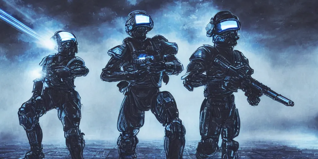 Image similar to A very detailed sketch of two soldiers with blue laser rifles wearing black power armour with blue sprites and full helmets with blue visors, night, fog, a complicated chrome-plated spaceship with blue lights in the background, realistic 4k octane beautifully detailed render, 4k post-processing, highly detailed, intricate complexity, epic composition, magical atmosphere, cinematic lighting, masterpiece, ultra hd