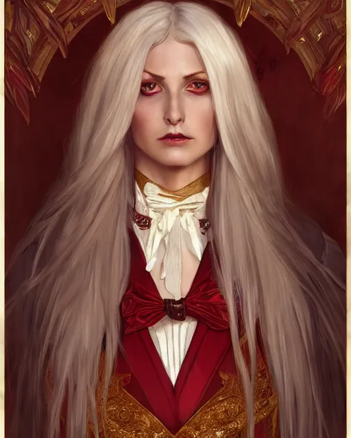 Prompt: female queen vampire, perfect face, gold waistcoat, red shirt, long grey hair, red necktie, cinematic, stunning, highly detailed, digital painting, artstation, smooth, hard focus, illustration, art by artgerm and greg rutkowski and alphonse mucha