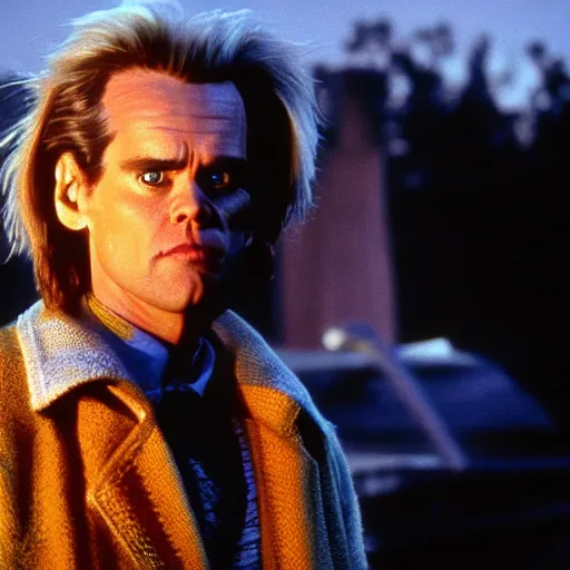 Image similar to stunning awe inspiring jim carrey as doc brown in the movie back to the future, movie still 8 k hdr atmospheric lighting