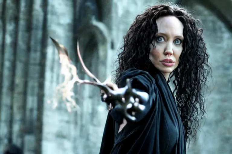 Image similar to film still Angelia Jolie as Bellatrix Lestrange in Harry Potter movie