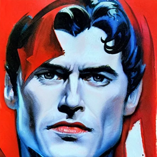 Prompt: photorealistic picture, by bob peak and alex ross, bloody superman, gouache and wash paints, fine details, fine intricate, fine facial proportionate, fine body proportionate, fine fix broken line, fine fix duplicate line, smooth shar focus, sharp focus