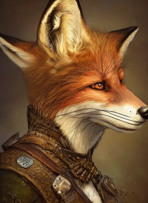 Image similar to portrait of a fox - faced ranger, dnd, gwelf, highly detailed, perfect lighting, perfect composition, 8 k, by artgerm, brian froud, larry macdougall, jean - baptiste monge, cgi