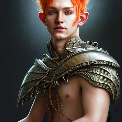 Image similar to portrait painting of a young elven man with a soft face and short light orange hair and tribal tattoos on his face wearing fur armor, ultra realistic, concept art, intricate details, eerie, highly detailed, photorealistic, octane render, 8 k, unreal engine. art by artgerm and greg rutkowski and charlie bowater and magali villeneuve and alphonse mucha