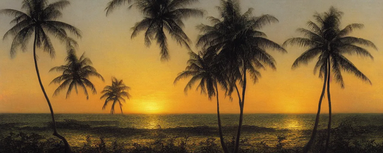 Prompt: surreal oil painting of a sri lankan landscape at sunset, coconut trees in the foreground, ocean sunset in the background, realistic oil painting by gustave dore, - h 6 4 0,