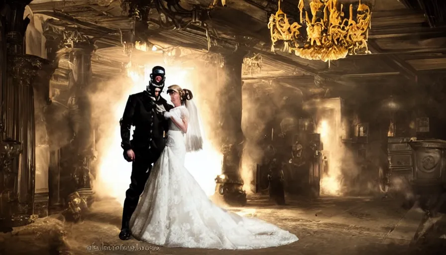 Image similar to disturbing big budget hollywood movie bride and groom wearing gas masks at the marriage of reason and squalor perfect composition dramatic lighting chiaroscuro