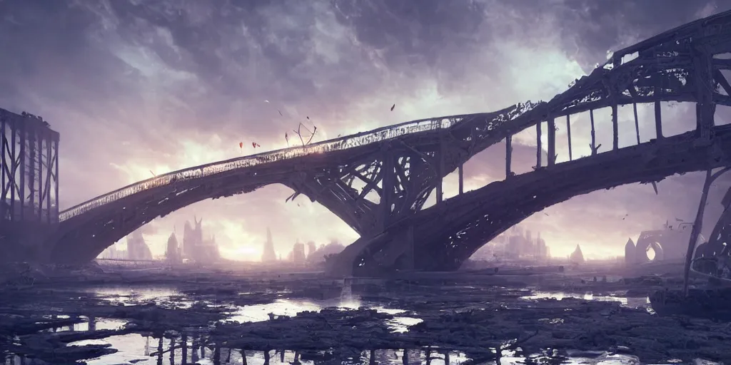 Image similar to huge white cotton everywhere on the destroyed harbour bridge, smooth, sharp focus, highly detailed, 3 d octane render, epic lighting, tragic atmosphere, lots of white cotton, 8 k, by greg rutkowski