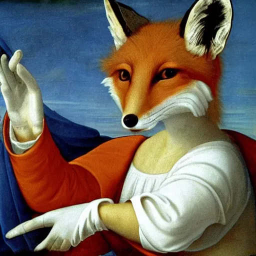 Prompt: renaissance painting of an anthropomorphic fox in a decorated uniform, wearing white gloves