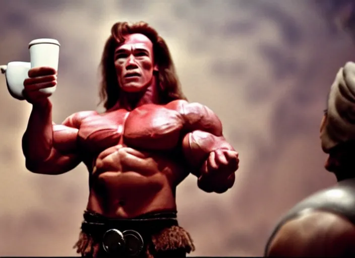 Prompt: film still of arnold schwarzenegger dressed as conan, holding coffee in starbucks, focus on faces, cinematic lighting, unreal engine, steve mccurry, volumetric lighting....