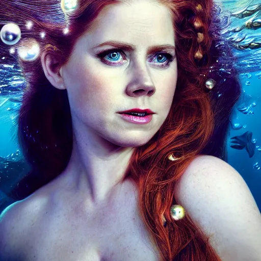 Image similar to amy adams portrait, fantasy, mermaid, hyperrealistic, game character, underwater, highly detailed, sharp focus, cinematic lighting, pearls, glowing hair, shells, gills, crown, water, highlights, starfish, jewelry, realistic, digital art, pastel, magic, fiction, ocean, king, colorful hair, sparkly eyes, fish, heroic, goddess, waves, bubbles, queen