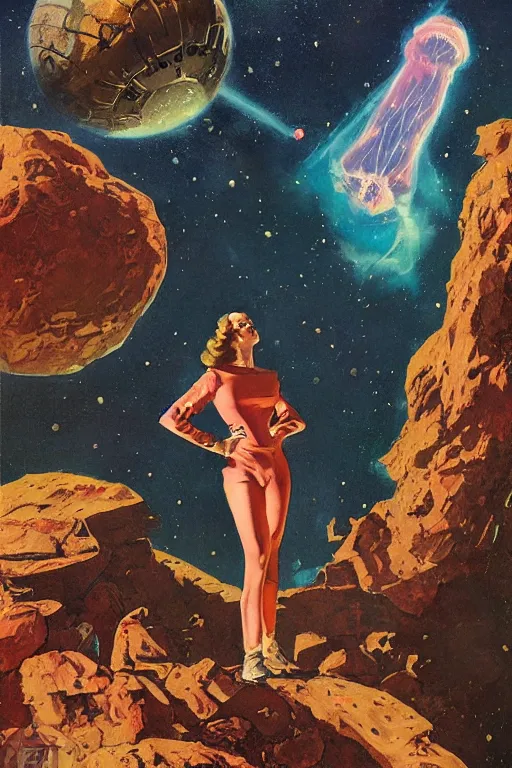 Prompt: 5 0 s pulp scifi fantasy illustration full body portrait slim woman on rocky mars, background of spaceship space nebula, by norman rockwell, edd cartier, roberto ferri, jack kirby, howard v brown, ruan jia, jason fabok, tom lovell, frank r paul, dean cornwell, astounding stories, amazing, fantasy, other worlds