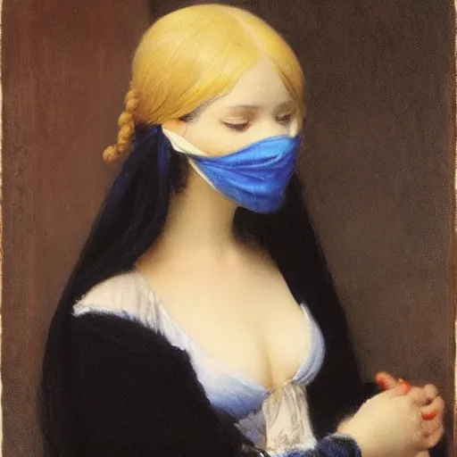 Image similar to a young woman’s face, her hair is white, her eyes are covered with a flowing blue satin blindfold, by ivan aivazovsky and alma tadema and and willen claesz heda and aelbert cuyp and gerard ter borch