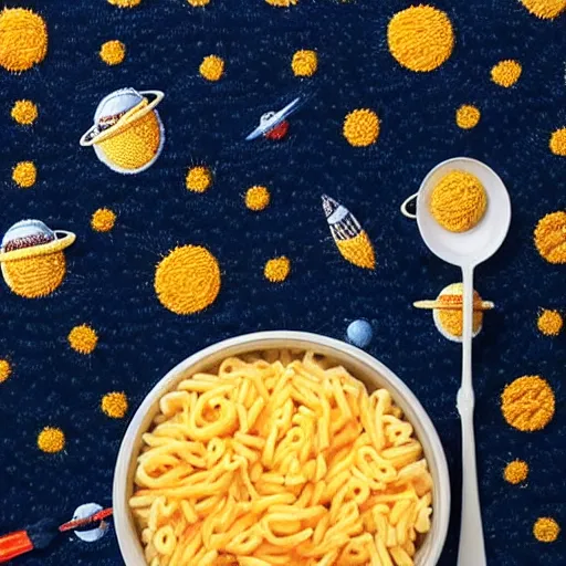 Image similar to a bowl of kraft dinner in space, embroidery, highly detailed